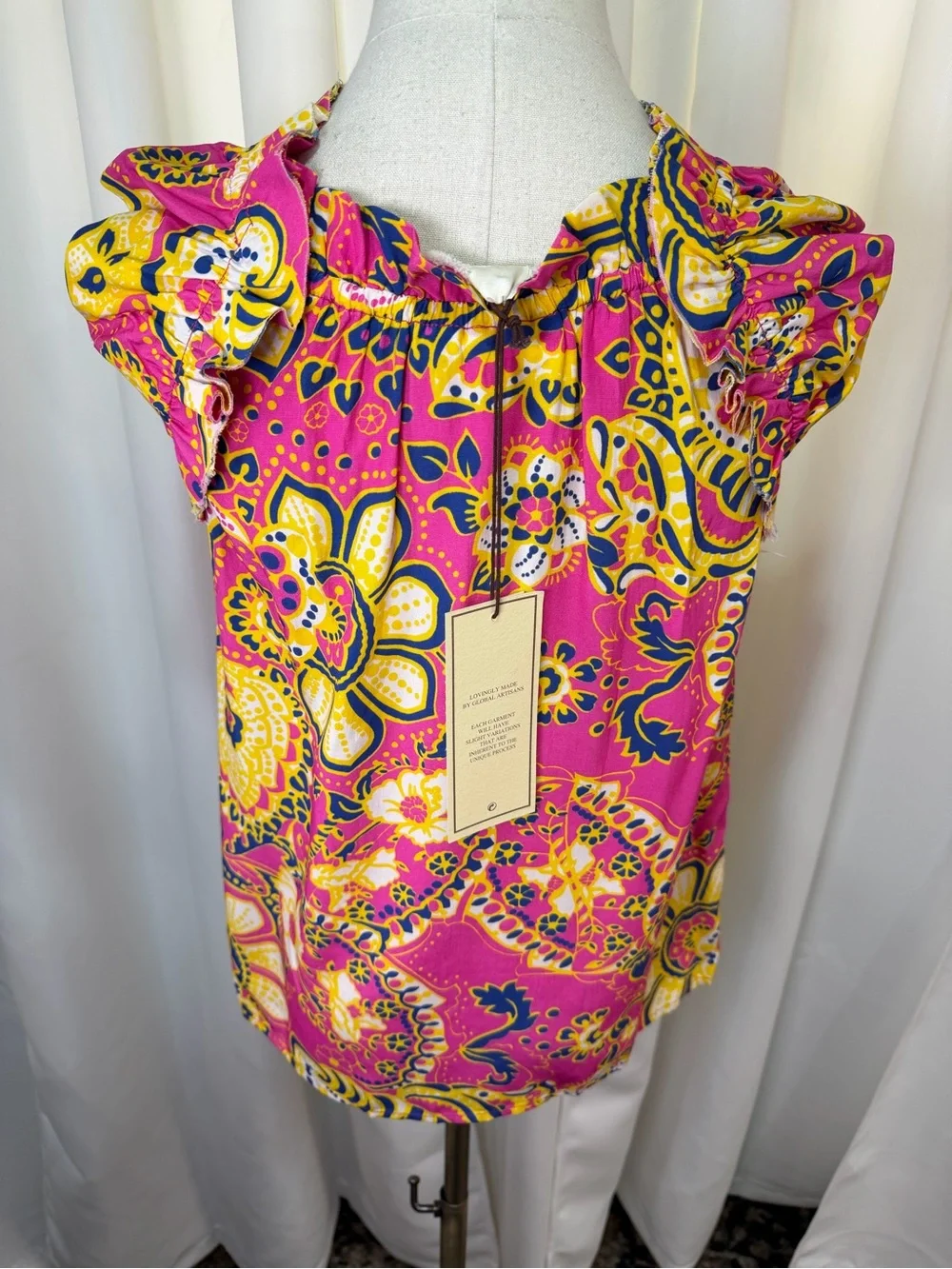 NWT Figue ‘Gianna’ Flutter Sleeve Top in Pink & Yellow “Paisley Floral” Size XS